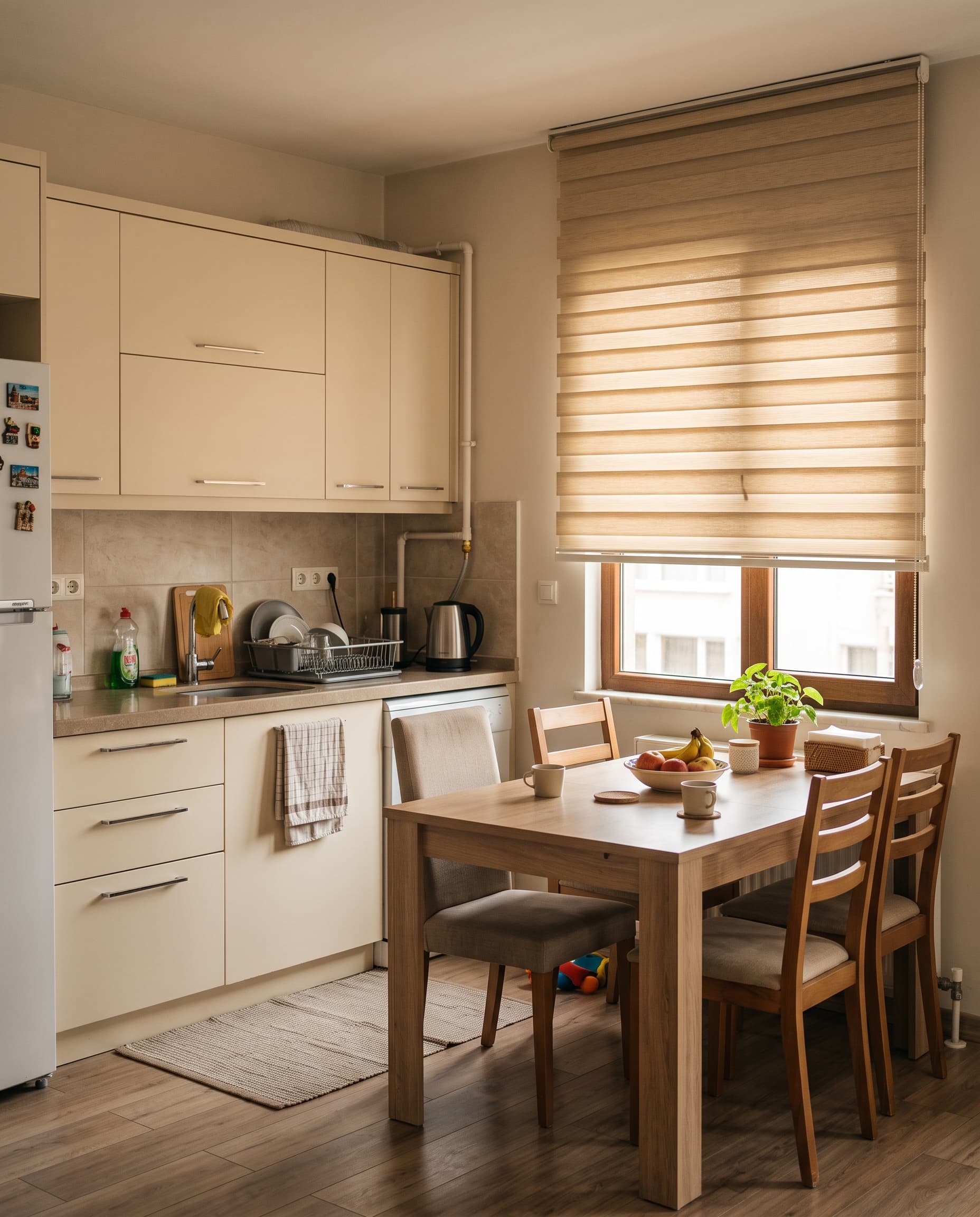 Mutfak penceresinde bej zebra perde ve önünde ahşap yemek masası